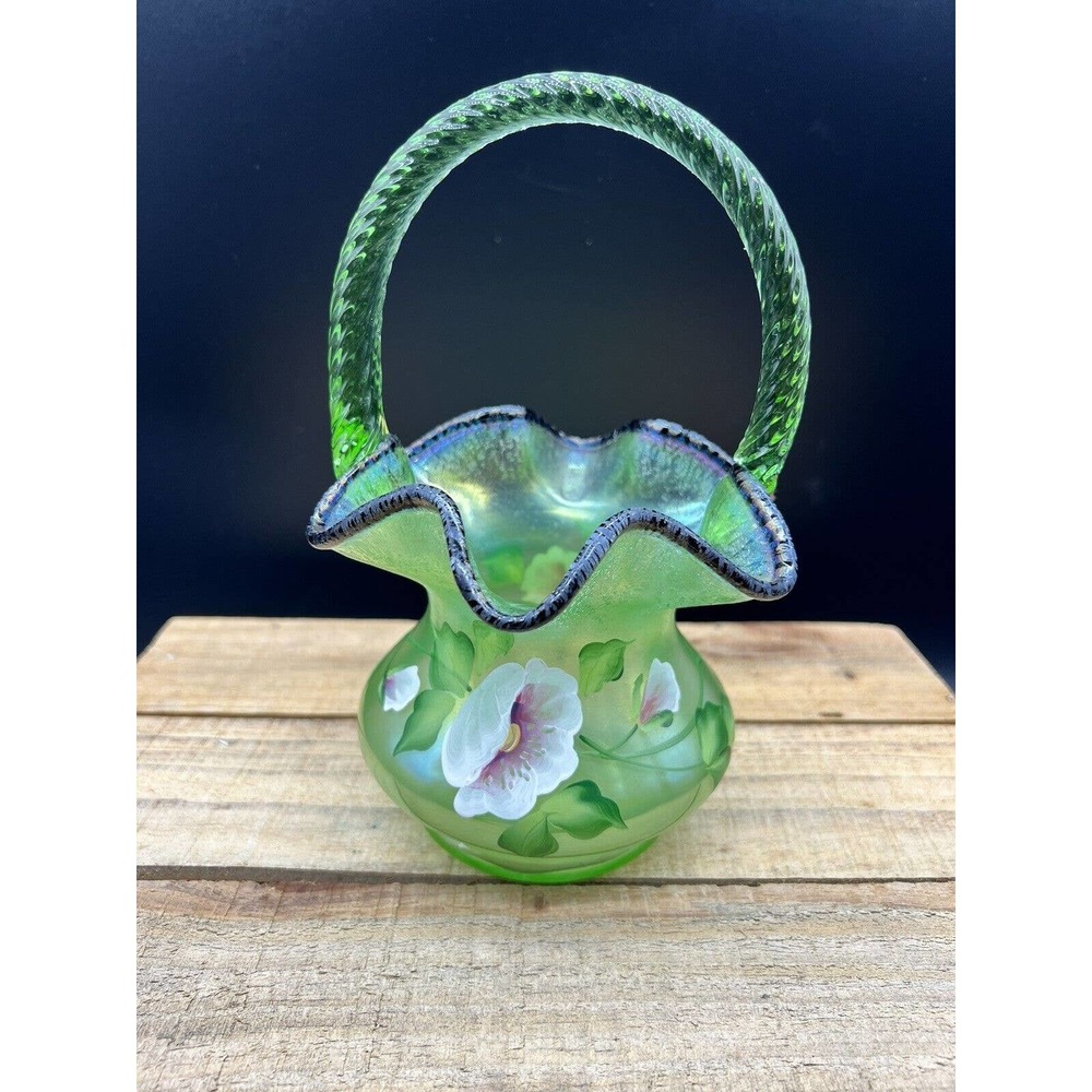 Fenton Hand Painted Green Apple Stretch With Aubergine Edge Basket Hard To Find!